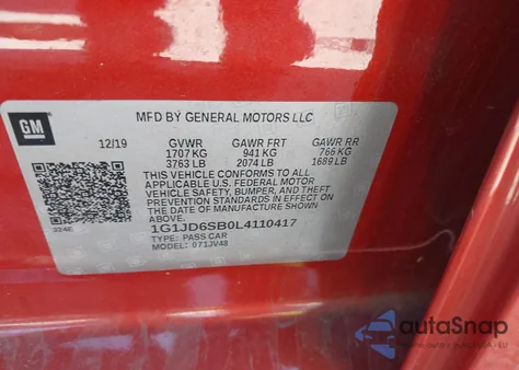 2020 Chevrolet Sonic Fwd Lt 5-Door from USA, damaged, VIN 1G1JD6SB0L4110417